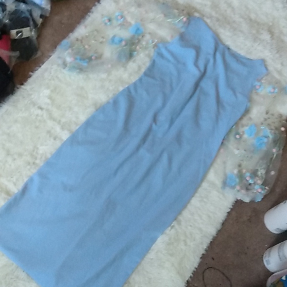Elegant Blue Women's Dress Puff Flower Print Sleeve